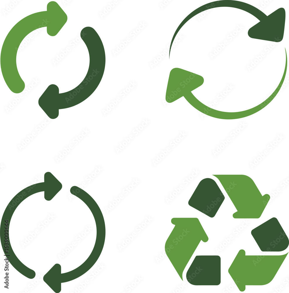 A collection of four green recycling symbols in different circular arrangements on white A collection of four green recycling symbols in different circular arrangements on white