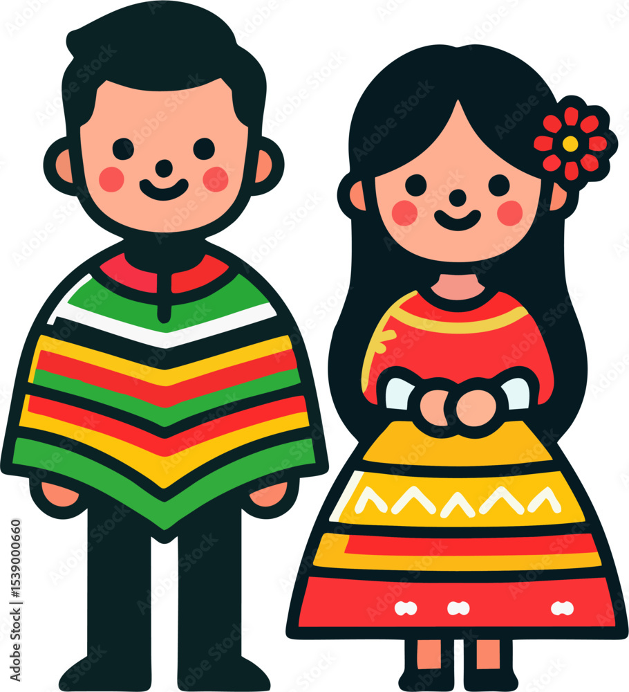 Obraz premium Cute Latino Couple in Traditional Mexican Folk Costume – Flat Vector Illustration