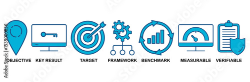OKR icon set vector illustration concept for objectives and key results with icon of objective, key results, target, framework, benchmark, measurable, and verifiable