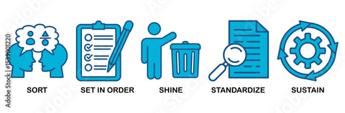 5s icon set vector illustration for lean manufacturing methodology of cleaning organization system with sort, set in order, shine, standardize, and sustain icon