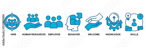 Onboarding icon set vector illustration concept for human resources business industry to introduce newly hired employee into an organization with behavior, welcome, knowledge, and skills icon