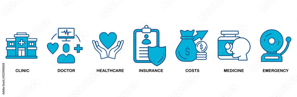 Fototapeta premium Medicare icon set vector illustration concept with icon of clinic, doctor, healthcare, insurance, costs, medicine, and emergency