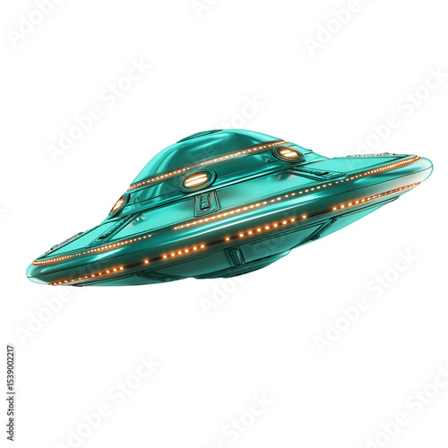 A Retro Teal UFO Spaceship Detailed 3D Render Perfect for Sci-Fi Designs and Retro Futuristic Projects, transparent background
