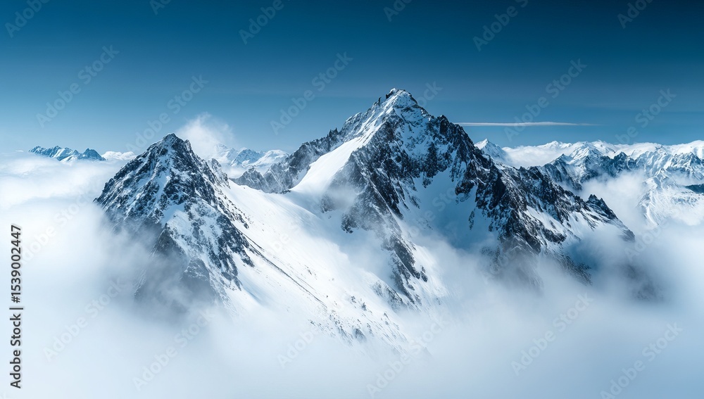 Obraz premium A panoramic view of snow-covered mountains, their peaks piercing through the clouds, creating an awe-inspiring landscape. High-contrast photography captures every detail in stunning clarity. Shot