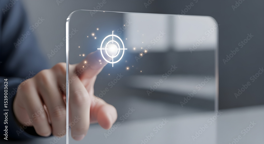 A hand touching a target symbol on a transparent screen with glowing particles isolated on white background, tarensparent background, png, jpg,jpeg, on transparent background A hand touching a target symbol on a transparent screen with glowing particles isolated on white background, tarensparent background, png, jpg,jpeg, on transparent background