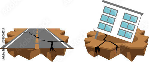 Earthquake disaster damage illustration road building cracks destruction natural calamity seismic activity 100 editable stock vector illustration