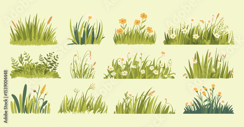 Collection of Hand Drawn Grass and Flower Clumps Perfect for Adding a Touch of Nature to Your Designs and Illustrations