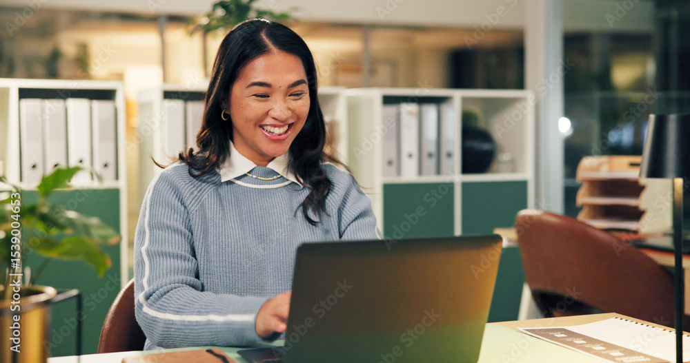 Business, smile and woman with laptop, night and online reading with economy analyst. Person, evening and accounting in workplace, computer and email for investment, check inflation and connection Business, smile and woman with laptop, night and online reading with economy analyst. Person, evening and accounting in workplace, computer and email for investment, check inflation and connection