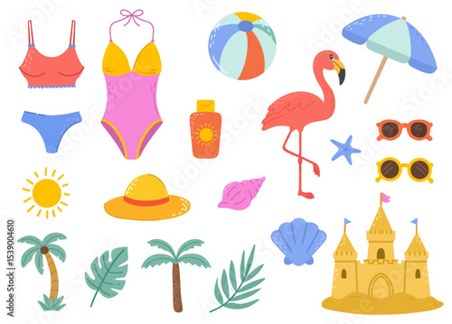 Summer set with swimwear, bikini, flamingo, beach ball, sunhat, sand castle, palm trees, shells, umbrella. Rest time, vacation. For summer designs.