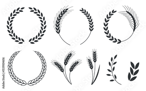 Collection of Wheat and Laurel Wreath Illustrations in Black Silhouette Style on White Background for Logos Awards and Agricultural Designs and Decorations