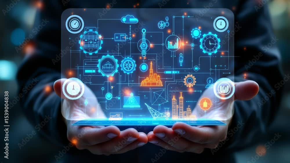 Augmented reality interface of futuristic industrial factory with digital icons and analytics. Concept of Industry 4.0 and digital transformation Augmented reality interface of futuristic industrial factory with digital icons and analytics. Concept of Industry 4.0 and digital transformation