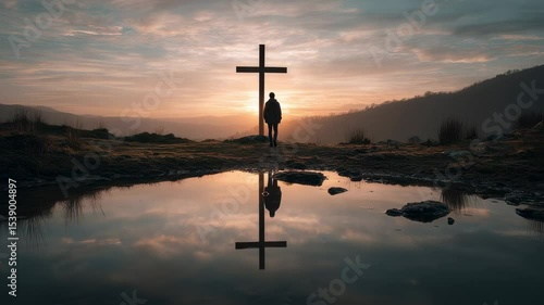 Warm sunset colors illuminate a man standing near a cross, his reflection mirrored in the still water below, creating a serene scene of contemplation and faith