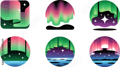 Vector aurora borealis northern lights illustration set design nature sky night star landscape graphic 100 editable stock vector illustration