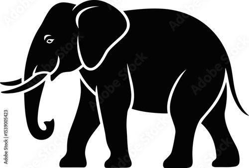 A graphic illustration of a black elephant with white outlines on a white background