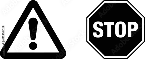 Image showing a warning sign with an exclamation mark and a stop sign in black and white