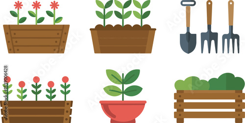 Gardening vector illustration set with flowers plants tools and wooden planters for garden design and decor editable stock vector illustration