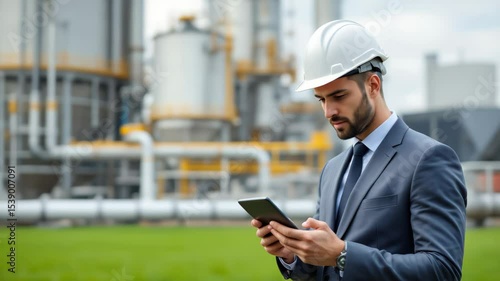 Wallpaper Mural Engineer in helmet using tablet outdoors near refinery or plant facility, wearing formal suit. Concept of smart industrial monitoring and management Torontodigital.ca