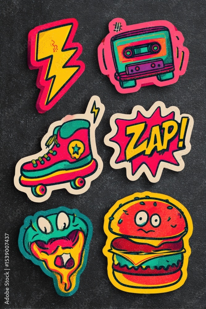Fototapeta premium Vibrant Retro Cartoon Stickers: Lightning, Skate, Cassette, Zap Bubble, Burger