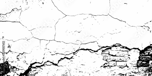  high contrast black and white image of a cracked white wall with  cracks and damaged texture, creating an abstract and distressed background look