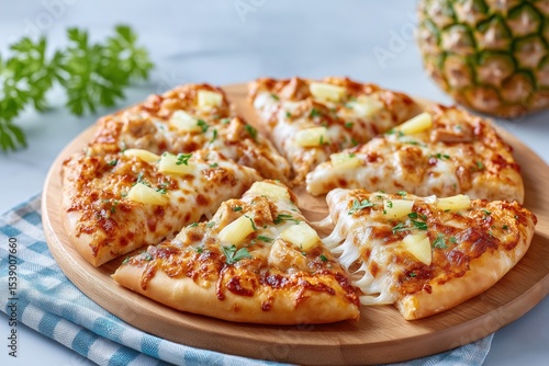 Cheesy Hawaiian pizza with chicken and pineapple close-up