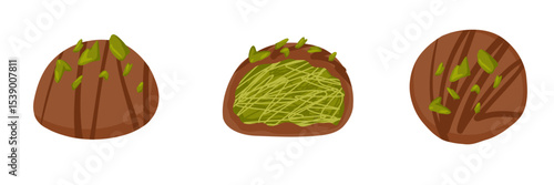 Vector illustration set of Dubai chocolate candy with pistachio paste and kataifi dough. Hand drawn sweets with milk chocolate and pistachio kernel for packaging, menu, catalog spreads, product cards