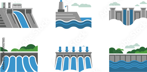 Vector illustration of hydroelectric dam power plant renewable energy water resource management and generation 100 editable stock vector illustration