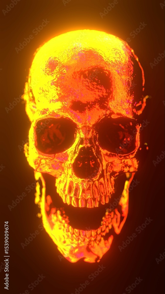Human skull with intense yellow and orange lighting on dark background Human skull with intense yellow and orange lighting on dark background