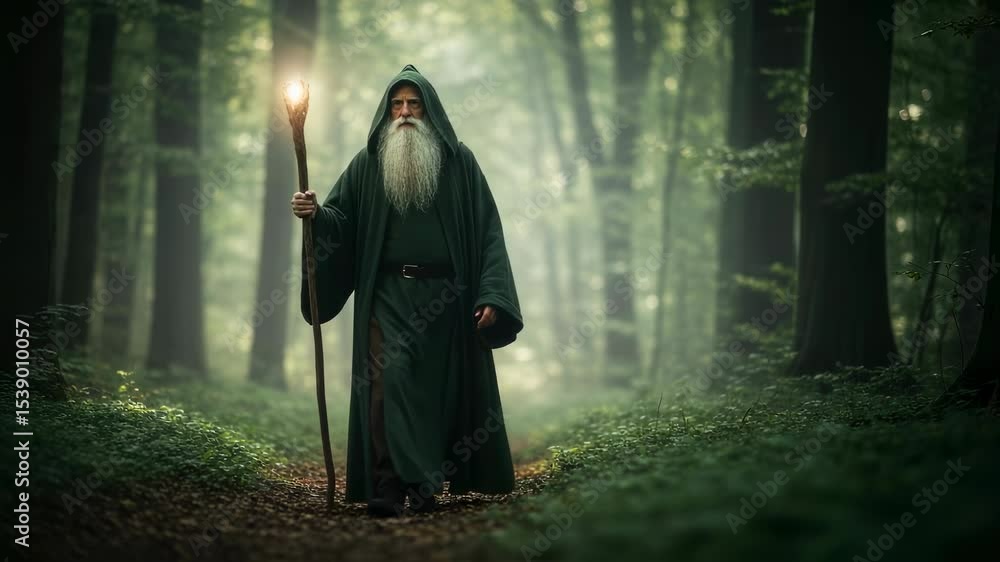 Old man wizard with long white beard and green robe walking in forest holding glowing staff, magic concept footage.