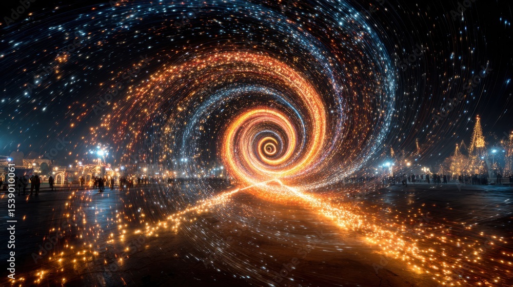 Fototapeta premium A spiral of orange and blue lights in the sky. The lights are scattered and twinkling, creating a dreamy and ethereal atmosphere