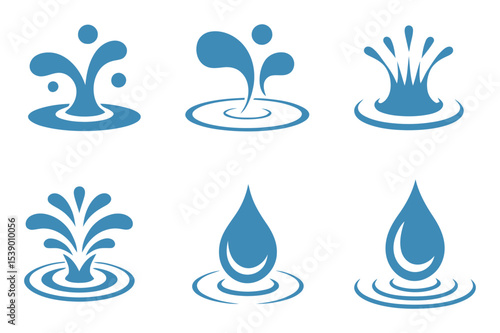 Collection of Six Blue Water Splash Icons with Ripples on a White Background for Design Elements and Creative Projects