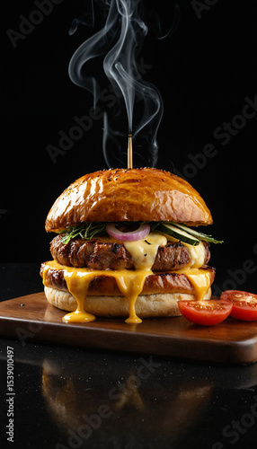 Juicy gourmet hamburger with melted cheese on black background with smoke, high resolution