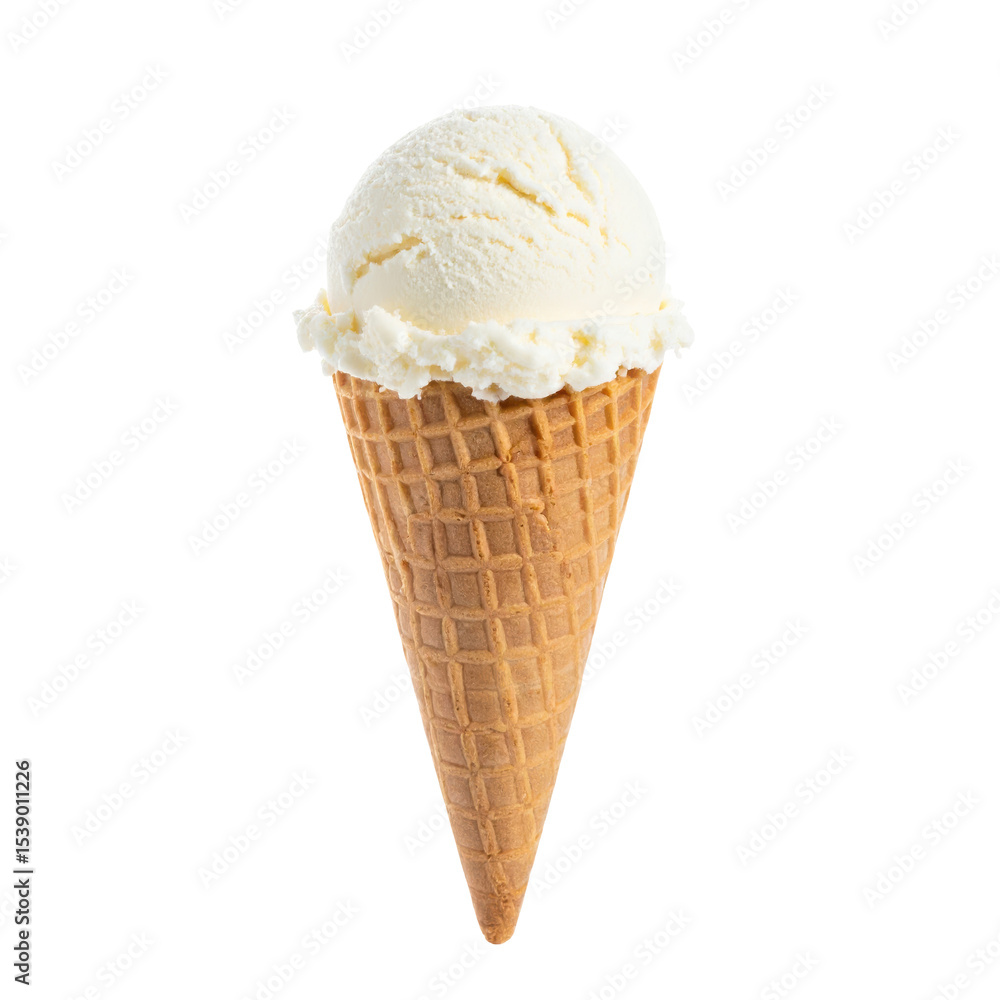 Delicious Vanilla Ice Cream Cone with a Creamy Scoop on a Crunchy Waffle Cone in a Bright Setting on transparent background Delicious Vanilla Ice Cream Cone with a Creamy Scoop on a Crunchy Waffle Cone in a Bright Setting on transparent background