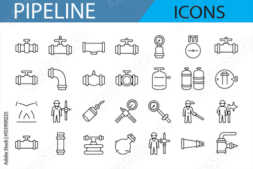 Set of Pipeline and Fluid Control Icons for UI/UX and Industrial Applications

