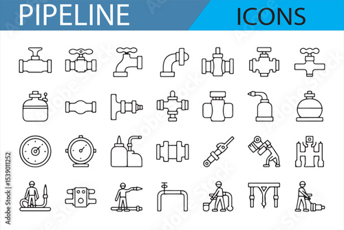 Flat Icons of Pressure Gauges, Valves, and Pipeline Elements