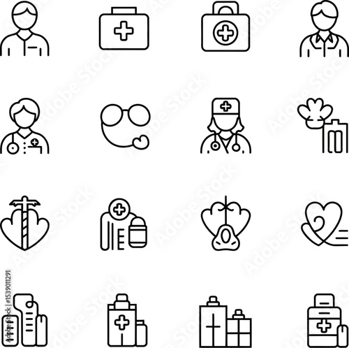 A collection of sixteen medical related line icons arranged in a square grid format