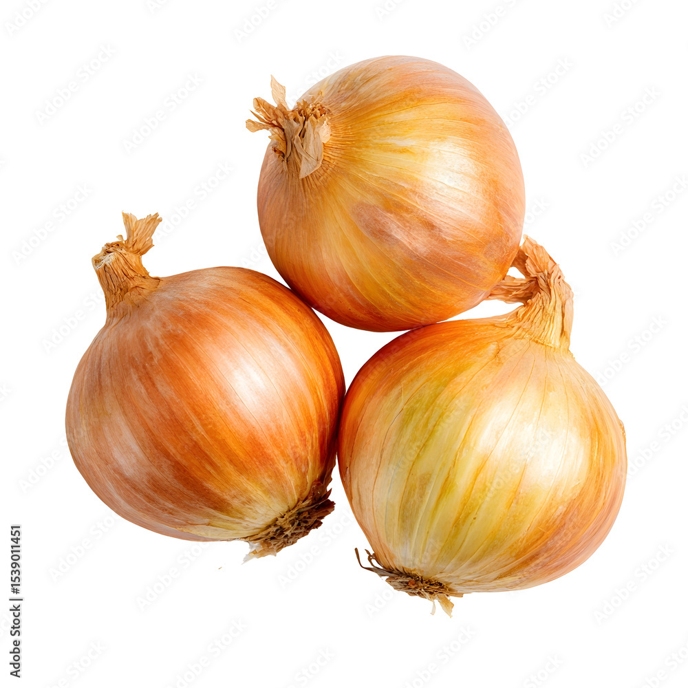 Fototapeta premium Three Yellow Onions Stacked Against Transparent Background