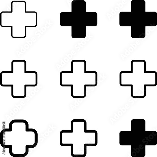A grid of nine plus symbols in black and white with varying line thicknesses and fills