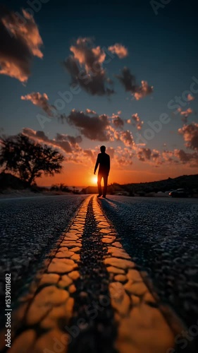 Silhouette walking down a desert road at sunset, with dramatic clouds and warm light