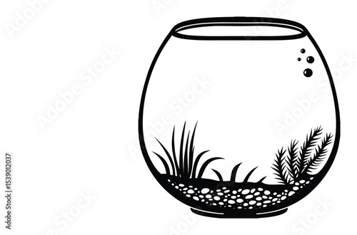 Empty Glass Fish Bowl with Aquatic Plants – Vector Illustration