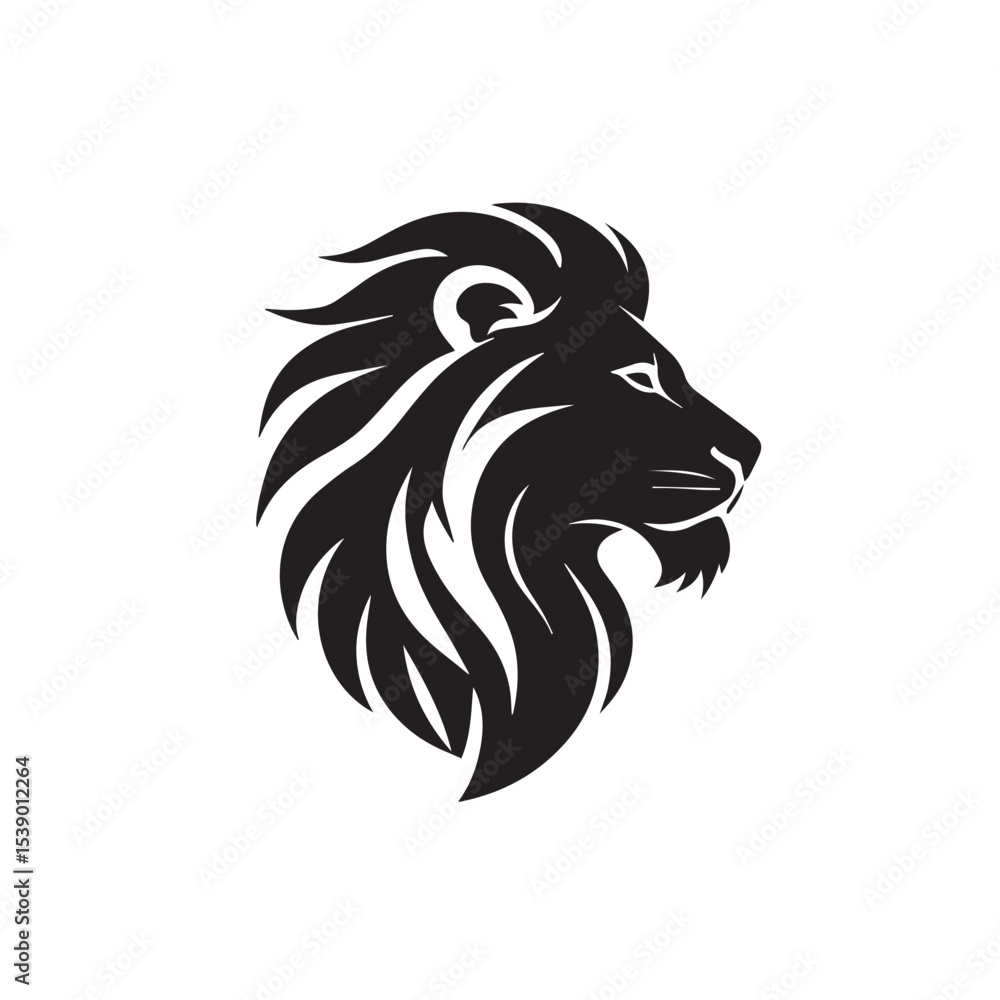Fototapeta premium Elegant Black Lion Head Profile with Detailed Mane on White Background