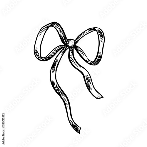 Bow made of ribbons. Black and white vector graphic illustration, made by hand. Isolates on a white background. A design element for flyers, banners, posters, packages and labels, postcards and more.
