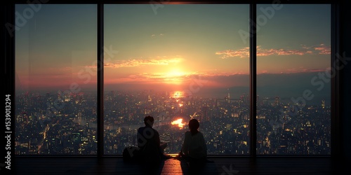 Sunset Cityscape Couple Silhouetted Against Panoramic View