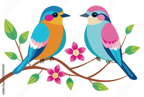 Two Birds Sitting on Branch with Pink Flowers, Colorful Bird on Flower Branch Vector Illustration