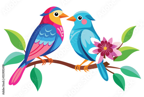 Two Birds Sitting on Branch with Pink Flowers, Colorful Bird on Flower Branch Vector Illustration