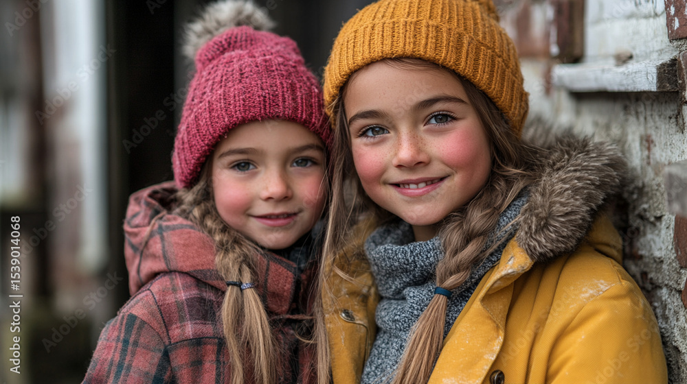 Smiling sisters in winter clothes by a brick wall Smiling sisters in winter clothes by a brick wall