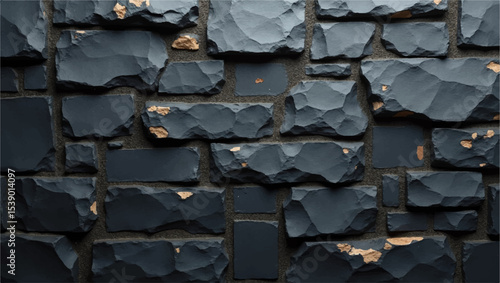 A close-up, top-down view of a dark, irregularly shaped stone wall or paving, with a consistent pattern of roughly hewn, rectangular blocks. The stones are predominantly a deep charcoal grey or black.