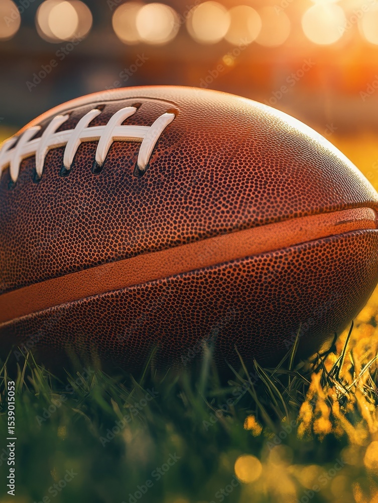 Obraz premium Close-up of an American football on a grassy field under stadium lights, with warm sunlight and a blurred background.