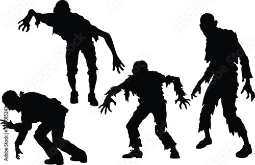 Silhouette Illustration of Four Creepy Zombies Walking Isolated on White