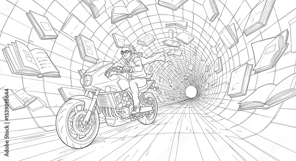 Obraz premium Motorcycle Ride Through a Tunnel of Books A Whimsical Line Art Illustration
