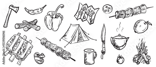 Camping food, barbeque concept in black brush stroke texture isolated on white. Hand drawn vector sketch illustration in vintage charcoal ink. Tent, grilled ribs, doner kebab, bonfire, pepper